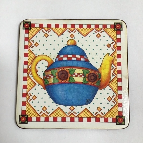 Mary Engelbreit Teapot Coasters Cork Back 4” Square Box SET OF 6 Vintage Cottage - Picture 5 of 16